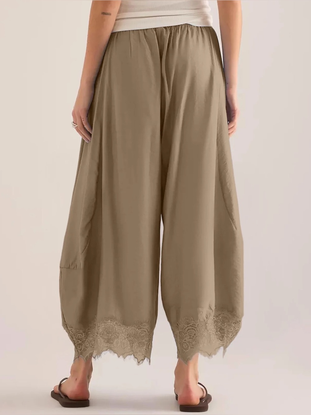 NWT Cropped Lace Hem Wide Leg Balloon Drawstring Pants in Tan Size Medium